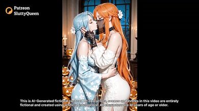 Oiled Redhead And Blue Hair Lesbian Halloween Sex Destroyed Gushing Choked With Pumpkin Strapon Kissing Big Tits Bedroom Toys AI Generated
