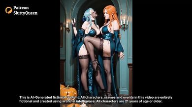 Oiled Redhead And Blue Hair Lesbian Halloween Sex Destroyed Gushing Choked With Pumpkin Strapon Kissing Big Tits Bedroom Toys AI Generated