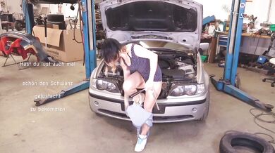 Petite German Girl Masturbates in Mechanic Garage with Ratchet Gushing Mega Orgasm