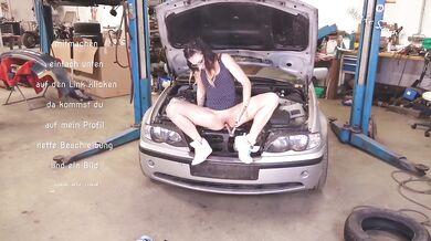 Petite German Girl Masturbates in Mechanic Garage with Ratchet Gushing Mega Orgasm