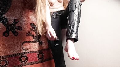 Topless Beauty Pisses Through Her Ruined Leather Trousers Destroyed Gushing Choked