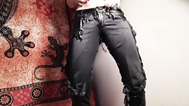 Topless Beauty Pisses Through Her Ruined Leather Trousers Destroyed Gushing Choked