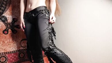 Topless Beauty Pisses Through Her Ruined Leather Trousers Destroyed Gushing Choked