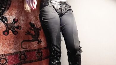Topless Beauty Pisses Through Her Ruined Leather Trousers Destroyed Gushing Choked