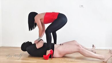 Italian Mistress Nya Milf Destroyed Slave with Hard Slaps Kicks and Back Ride Spanking