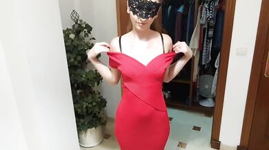 Try On Flashing Pussy In Tight Red Dress Bending Over Big Natural Tits Hot Wife