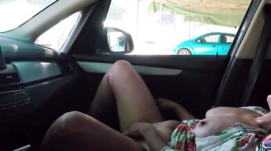 Pretty Woman Masturbates in Public Parking Lot Car Cumming with Guy