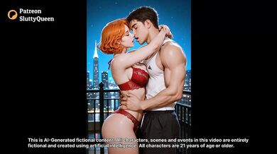 AI Made Redhead Balcony Night Blowjob Big Tits Oiled Doggy Standing