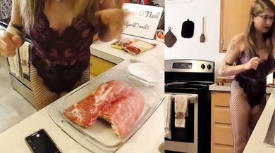 Lonely Girl Makes Ribs for Daddy and Gets Fucked Choked Squirt Sounding DP Kitchen