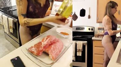 Lonely Girl Makes Ribs for Daddy and Gets Fucked Choked Squirt Sounding DP Kitchen