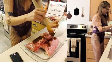 Lonely Girl Makes Ribs for Daddy and Gets Fucked Choked Squirt Sounding DP Kitchen