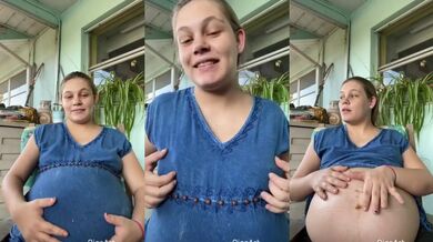 Pregnant MILF lactating swollen tits gushing milk in public place belly bulge rubs