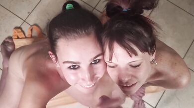 Brunette FFM threesome beg guy to cum in eyes while he gives handjob piss eyes clean