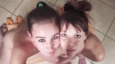 Brunette FFM threesome beg guy to cum in eyes while he gives handjob piss eyes clean