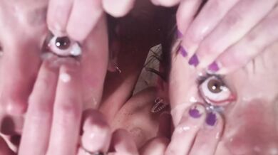 Brunette FFM threesome beg guy to cum in eyes while he gives handjob piss eyes clean
