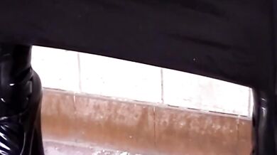 Black Latex Rubber Church Nun High Heels Pisses Outdoor In Pee Bag