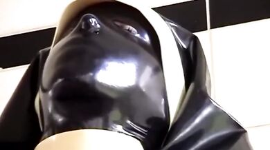 Black Latex Rubber Church Nun High Heels Pisses Outdoor In Pee Bag