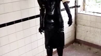 Black Latex Rubber Church Nun High Heels Pisses Outdoor In Pee Bag