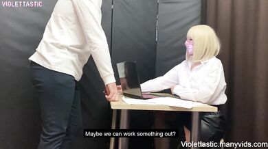 Boss destroys blonde secretary in tight latex skirt with black stockings and big ass gushing cumshot