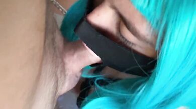 Cyberpunk Blue Hair Masked Girl Sucks Dick and Cum Drips While Screaming Hard