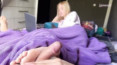 Neighbor Does Not Know Under The Covers While She Is Working Soles Wrinkled Feet Footjob Cum On Soles