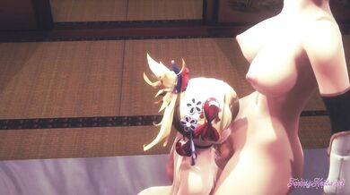 Genshin Impact Hentai Futanari Yoimiya Blowjob with Cum in Her Mouth to Ayaka Futanari