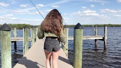 Brunette Big Tits Fishing Girl Gets Hooked Staring at My Ass Outside