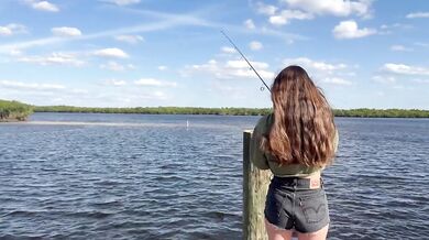Brunette Big Tits Fishing Girl Gets Hooked Staring at My Ass Outside