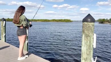 Brunette Big Tits Fishing Girl Gets Hooked Staring at My Ass Outside
