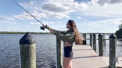 Brunette Big Tits Fishing Girl Gets Hooked Staring at My Ass Outside