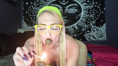 Cute Hippie Chick Wearing Thigh High Socks and Butt Plug Cums Back to Back in Your Face