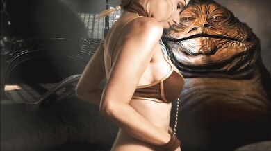 Star Wars Princess Leia dances oiled up for Jabba the Hutt, she sucks and rides his slippery cock