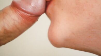 Close-up sensual teasing edging blowjob after a dry week results in a dripping mouth full of cream