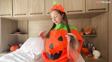 hot blonde in Halloween suit gets fucked hard and takes cum on her belly