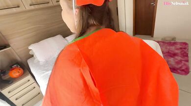 hot blonde in Halloween suit gets fucked hard and takes cum on her belly