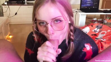 Cumshot on the face of a CUTE STEPSISTER