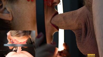 4K - MILF Slut masked with lipstick gives blowjob & gets all the cum on her tongue in close up
