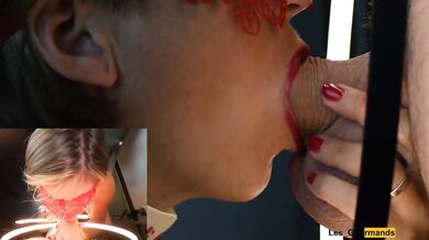 4K - MILF Slut masked with lipstick gives blowjob & gets all the cum on her tongue in close up