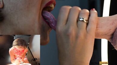 4K - MILF Slut masked with lipstick gives blowjob & gets all the cum on her tongue in close up