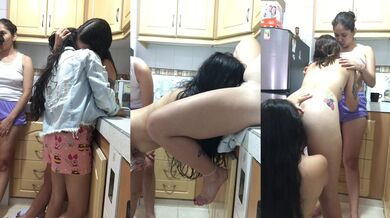 trio of hot girls fuck in the kitchen.