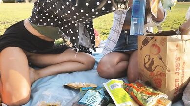 Risky public flashing - Picnic in the park with friends