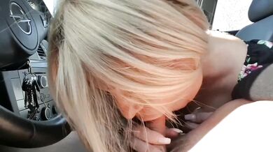 Hot blonde suck her boss's dick in a public parking-Car blowjob