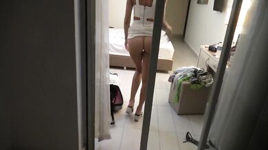 College teen gets fucked in pussy in hotel room grinding Cumshot on anal