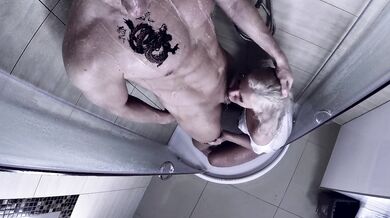 Rough Facefuck in the shower with tattooed muscle mean guy
