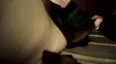 The wife caresses herself and fucks with shampoo bottles in a Russian bath.