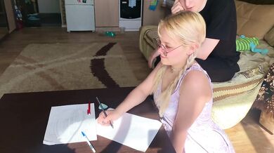A shy student could not resist the tutor and took his dick in her mouth