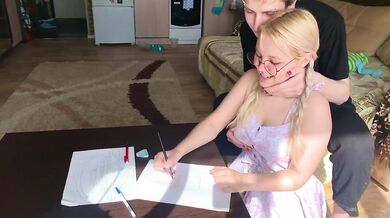 A shy student could not resist the tutor and took his dick in her mouth