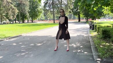 Stylish Lady walks naked in park. Public.