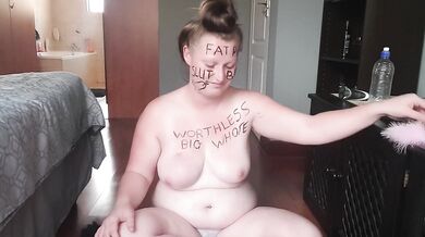 Big fat worthless pig degrading herself | body writing | hair pulling | self slapping