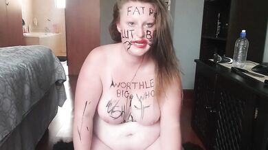 Big fat worthless pig degrading herself | body writing | hair pulling | self slapping